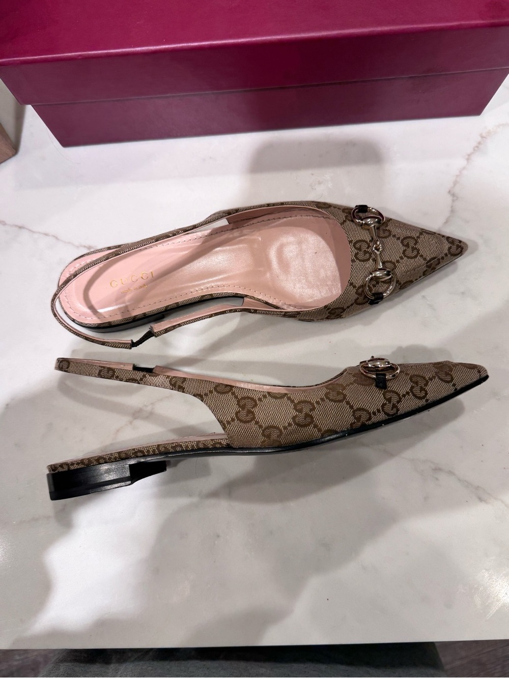 Gucci Beige GG Canvas Pointed-Toe Slingback Flats with Horsebit - Picture 2 of 10